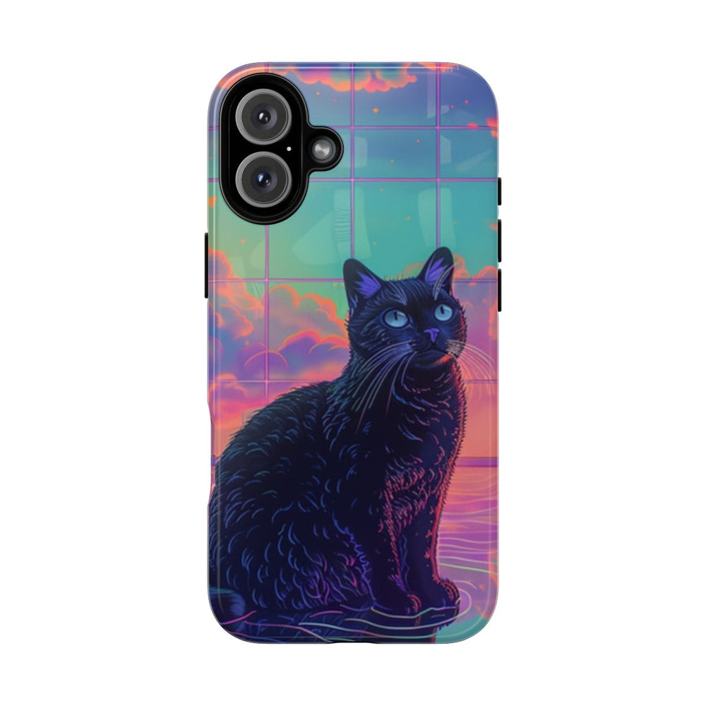 Zwarte Kat met Neonlucht Reflectie