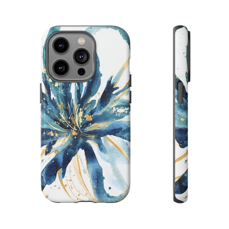 Aquarel Blauwe Bloemen Abstract met Gouden Accenten