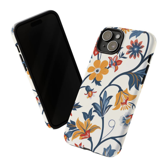 Retro Bloemenpatroon in Blauw, Rood en Geel