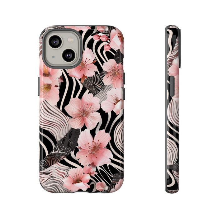 Roze Kersenbloesems met Zwart-Wit Abstract Patroon
