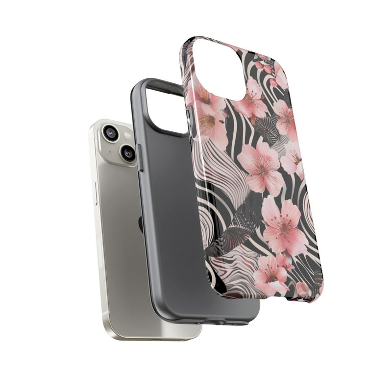 Roze Kersenbloesems met Zwart-Wit Abstract Patroon