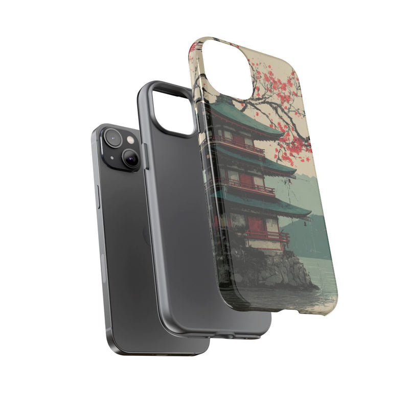 Pagode met Kersenbloesem en Rode Zon