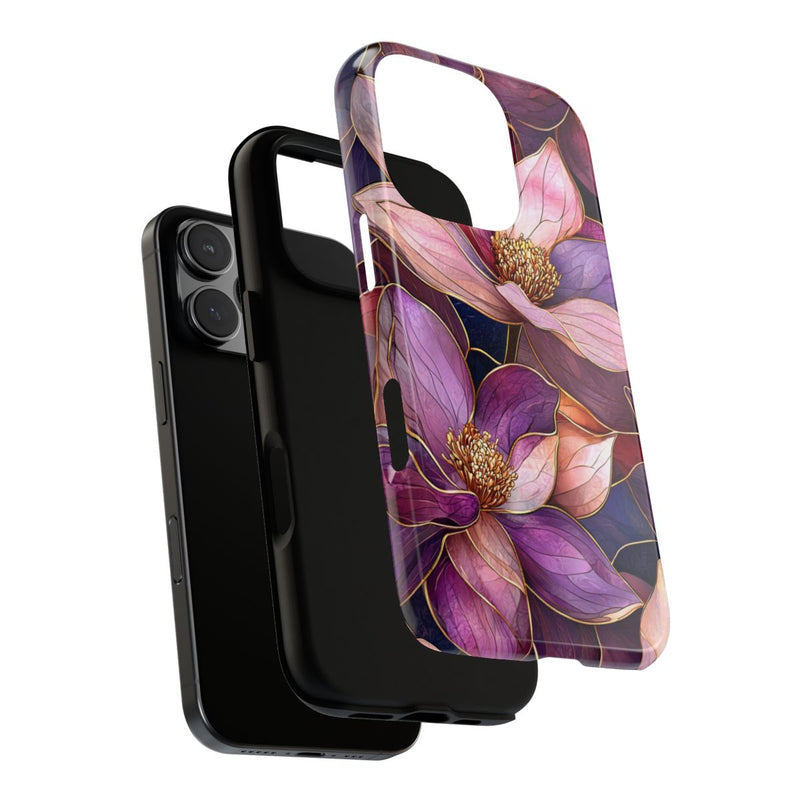 Paarse Magnolia Bloemen in Glas-in-lood