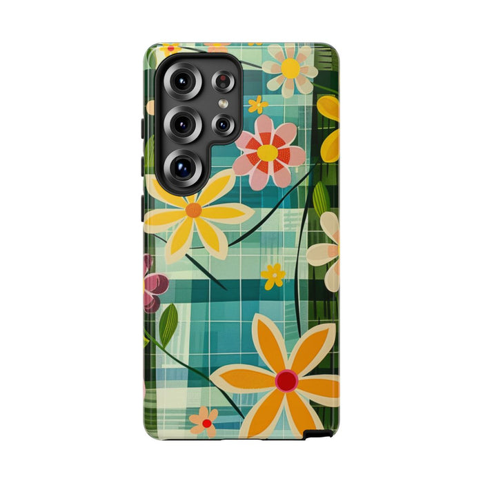 Kleurrijk Retro Bloemenpatroon op Blauwe Achtergrond