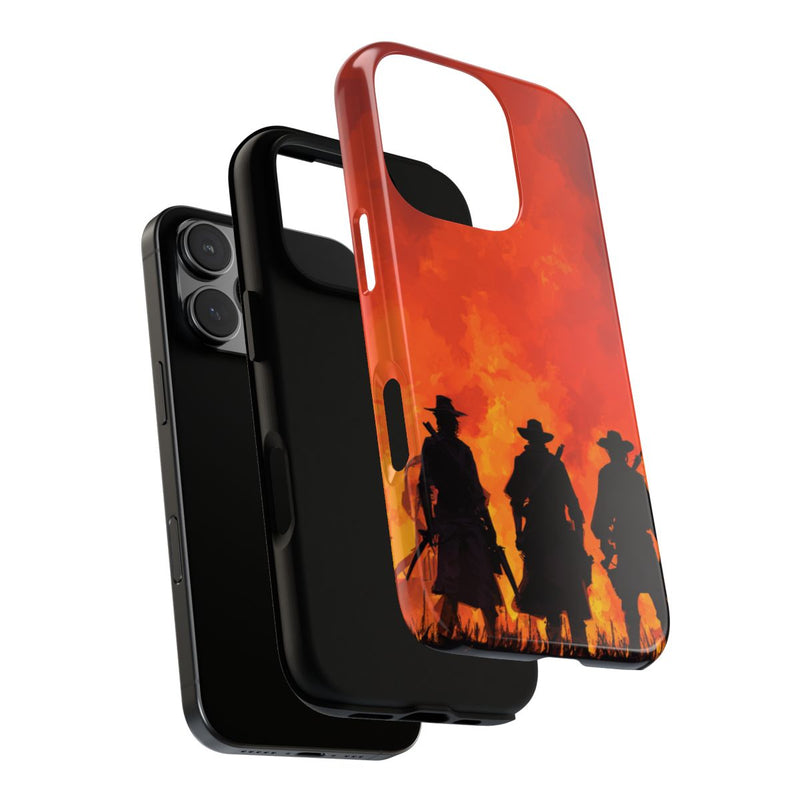 Silhouetten van Drie Cowboys bij Vurige Zonsondergang
