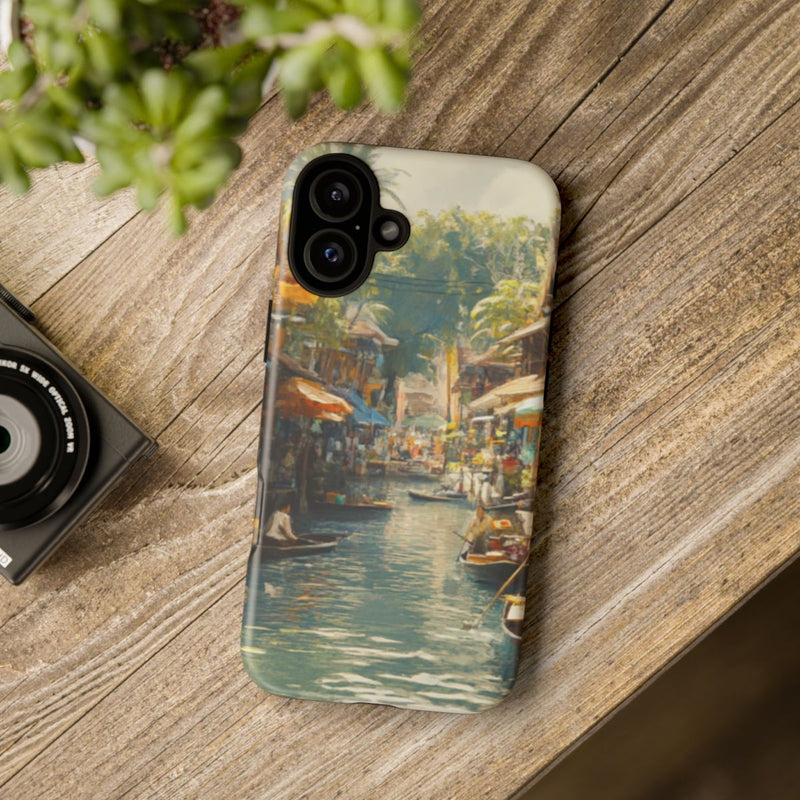 Levendige Watermarkt met Boten en Kraampjes