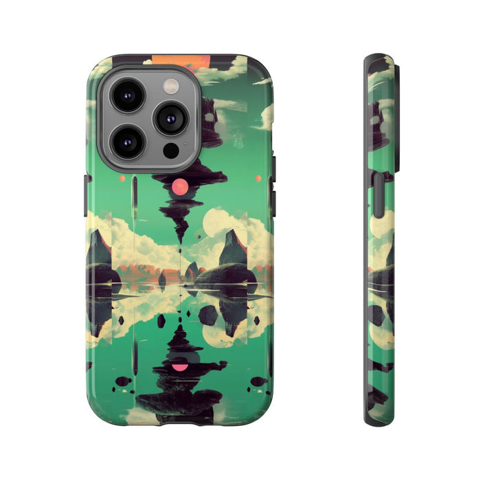 Surrealistisch Zwevende Rotsformatie met Roze Zonnen