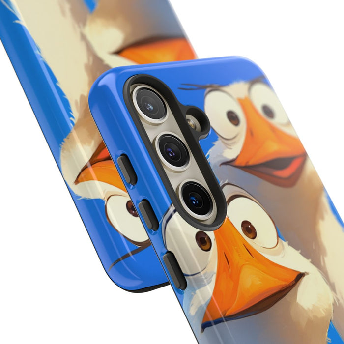 Twee Grappige Ganzen met Grote Ogen op Blauwe Achtergrond