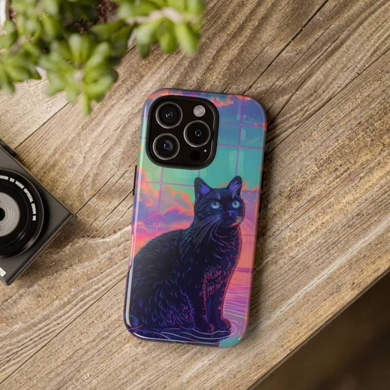 Zwarte Kat met Neonlucht Reflectie