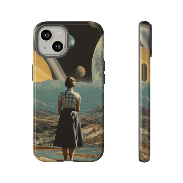Vrouw in Vintage Jurk met Planetenlandschap