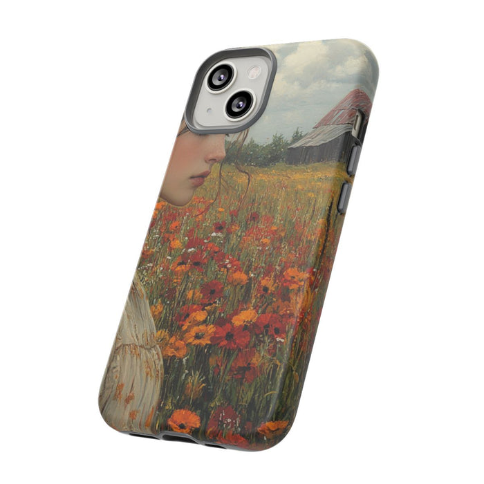 Jonge Vrouw in Bloemenveld met Schuur