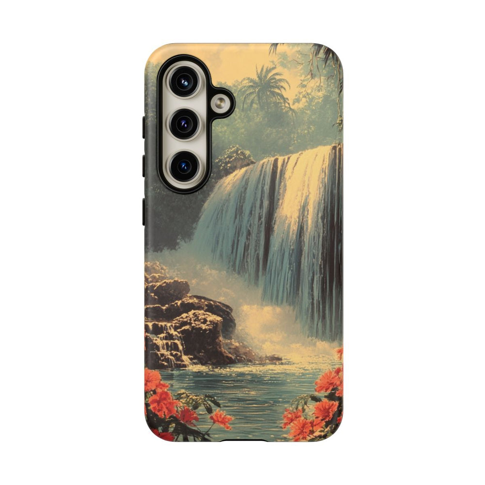 Tropische Waterval met Rode Bloemen