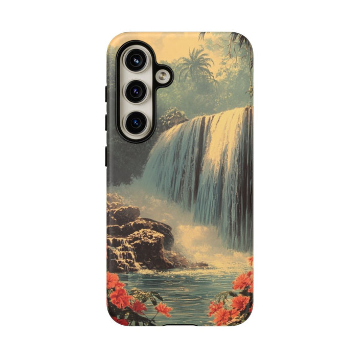 Tropische Waterval met Rode Bloemen