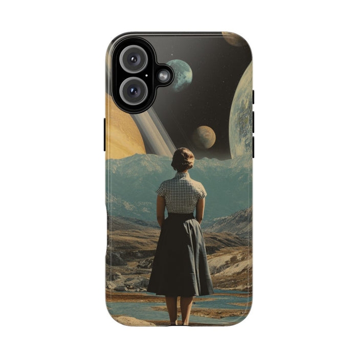 Vrouw in Vintage Jurk met Planetenlandschap
