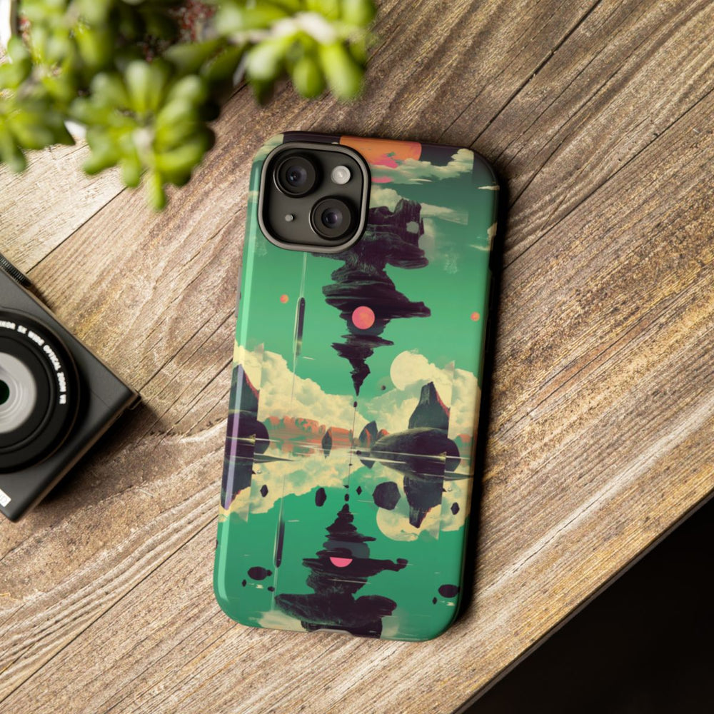 Surrealistisch Zwevende Rotsformatie met Roze Zonnen