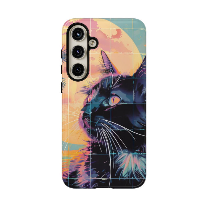 Lofi Vaporwave Kat met Zonsondergang en Palmen