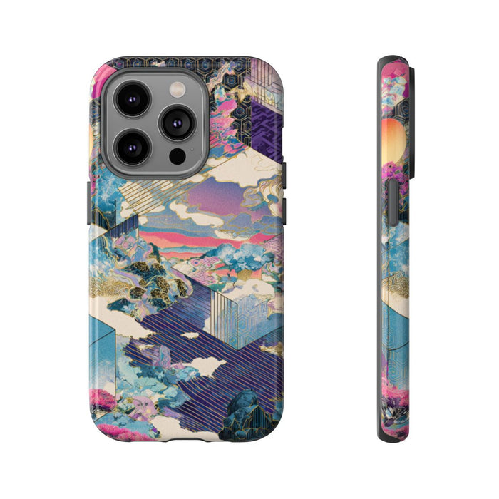 Abstracte Geometrische Landschap met Roze Bomen