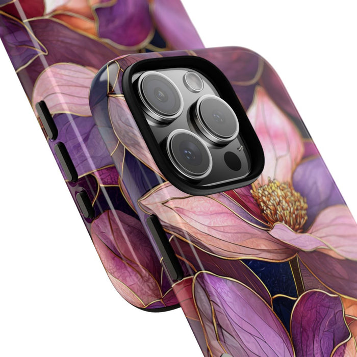 Paarse Magnolia Bloemen in Glas-in-lood