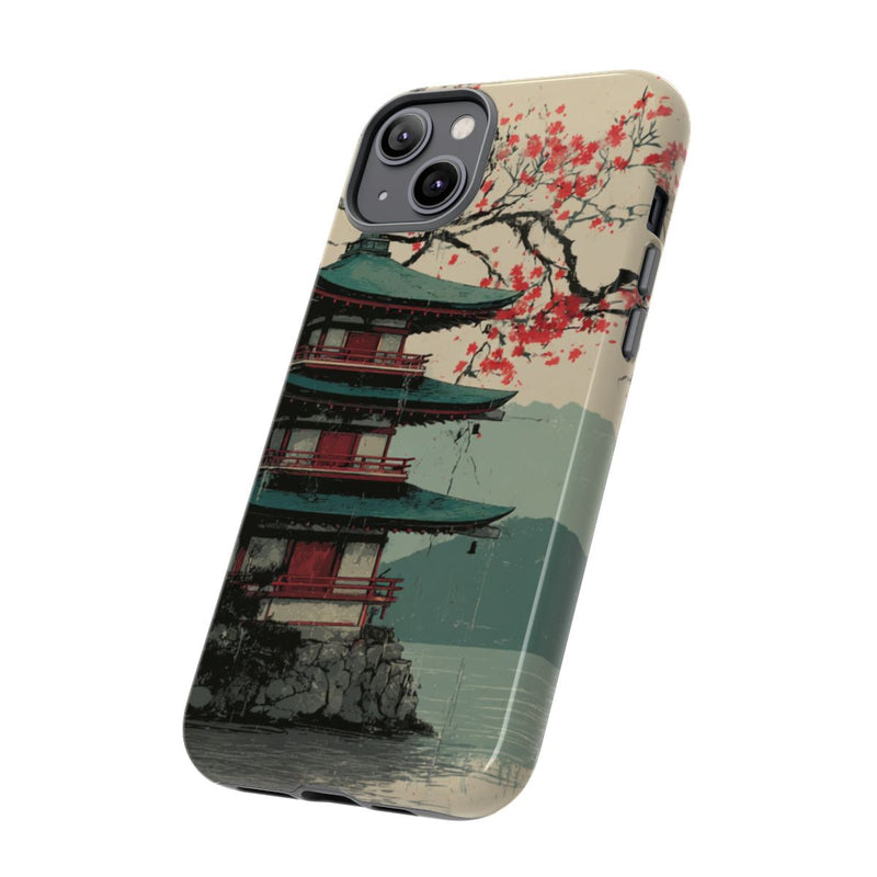 Pagode met Kersenbloesem en Rode Zon