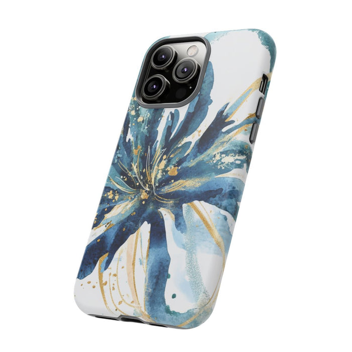 Abstracte Blauwe Bloemen in Aquarel met Gouden Accenten