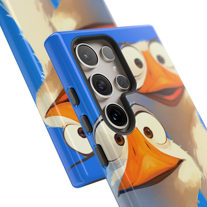 Twee Grappige Ganzen met Grote Ogen op Blauwe Achtergrond