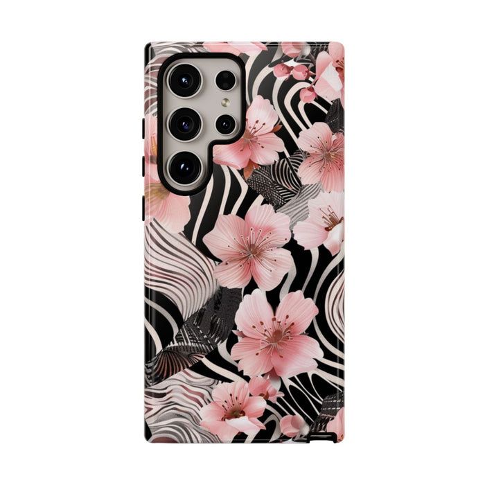 Roze Kersenbloesems met Zwart-Wit Abstract Patroon