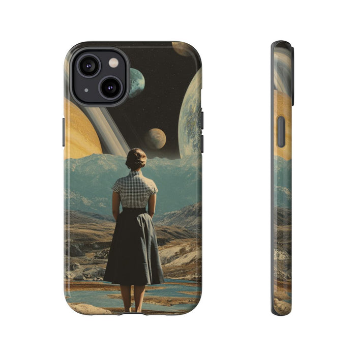 Vrouw in Vintage Jurk met Planetenlandschap