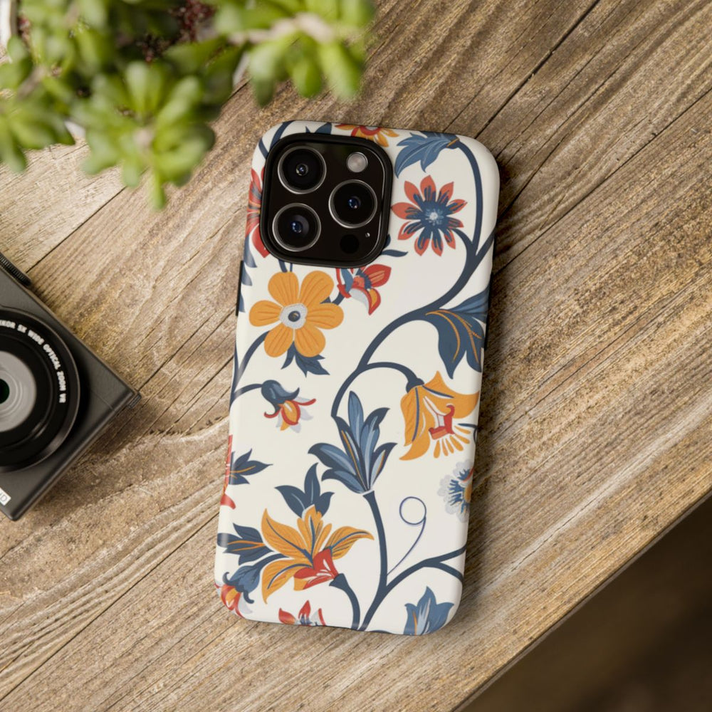 Retro Bloemenpatroon in Blauw, Rood en Geel