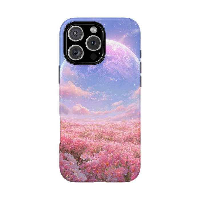 Roze Bloemenveld met Gloeiende Planeet