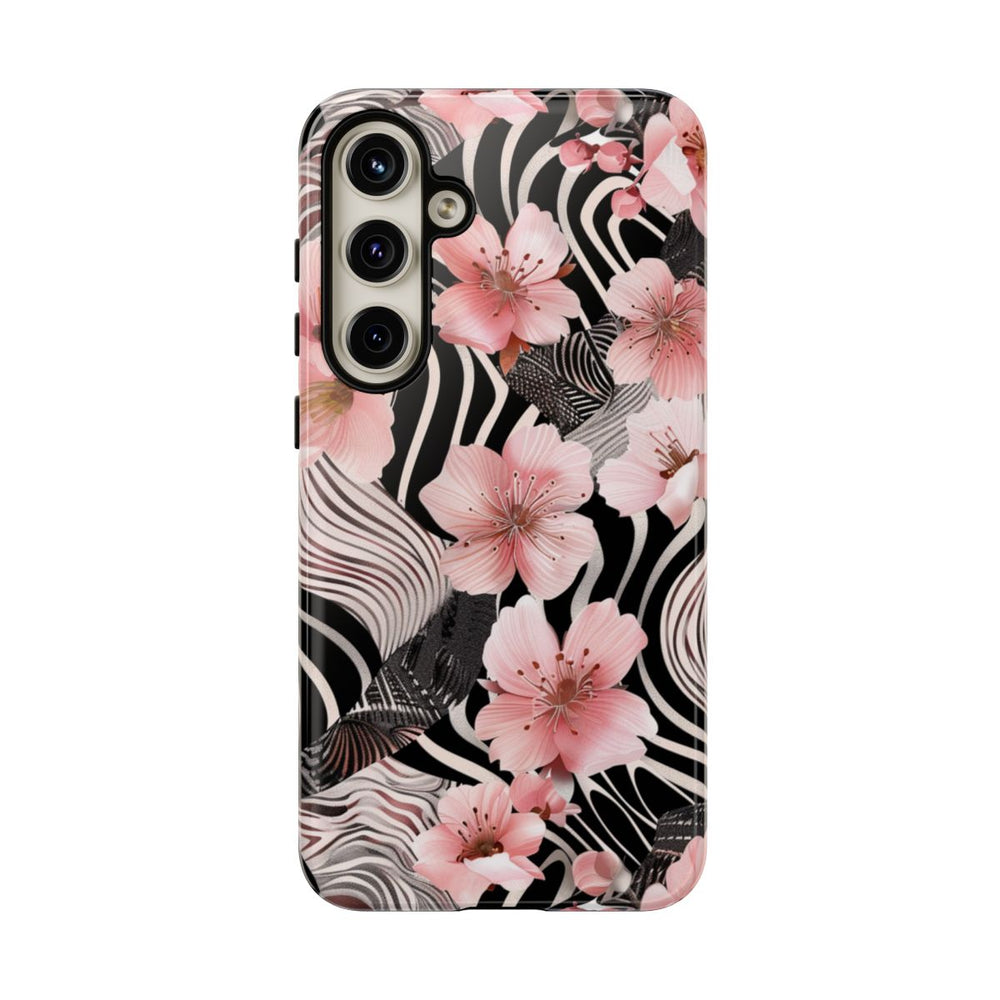 Roze Kersenbloesems met Zwart-Wit Abstract Patroon