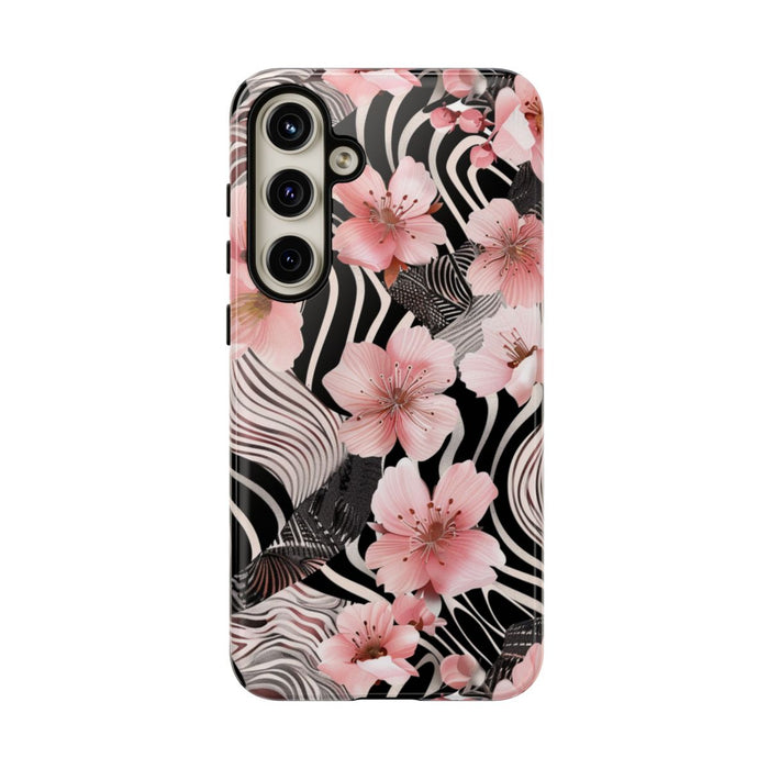Roze Kersenbloesems met Zwart-Wit Abstract Patroon