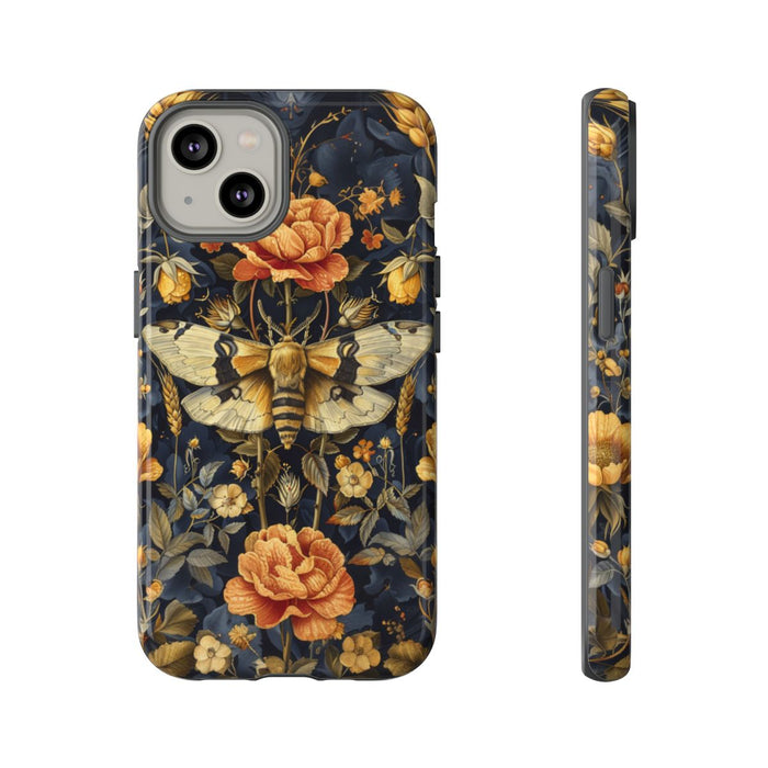 Gouden Bloemen en Mottenpatroon op Donkerblauw