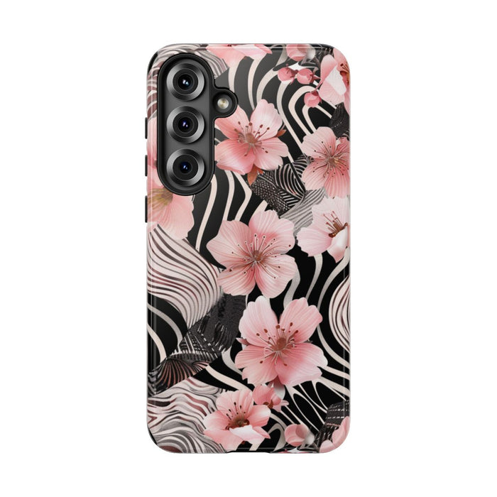 Roze Kersenbloesems met Zwart-Wit Abstract Patroon