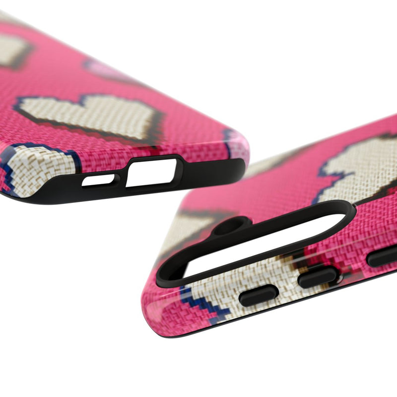 Pixelachtige Witte en Roze Hartjes op Glanzende Achtergrond