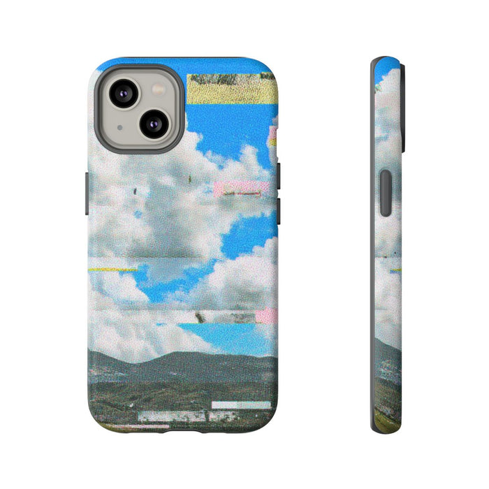 Glitch Effect Wolkenlucht met Bergen