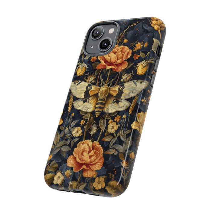 Gouden Bloemen en Mottenpatroon op Donkerblauw