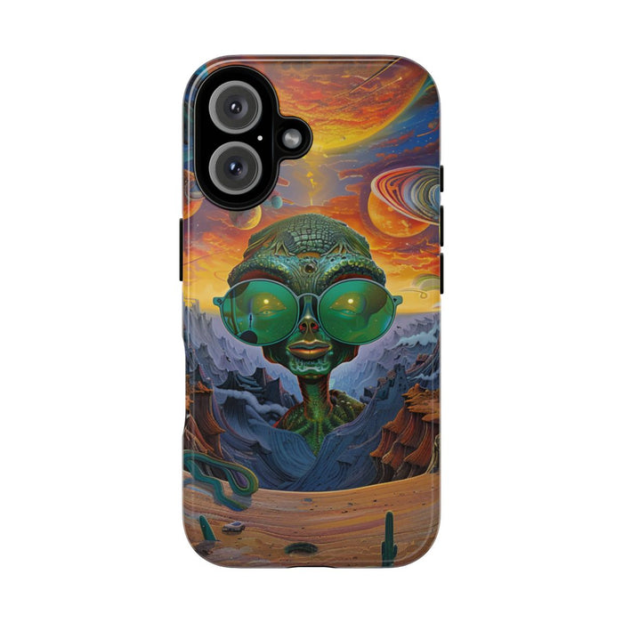 Groene Alien met Zonnebril in Psychedelisch Ruimtelandschap