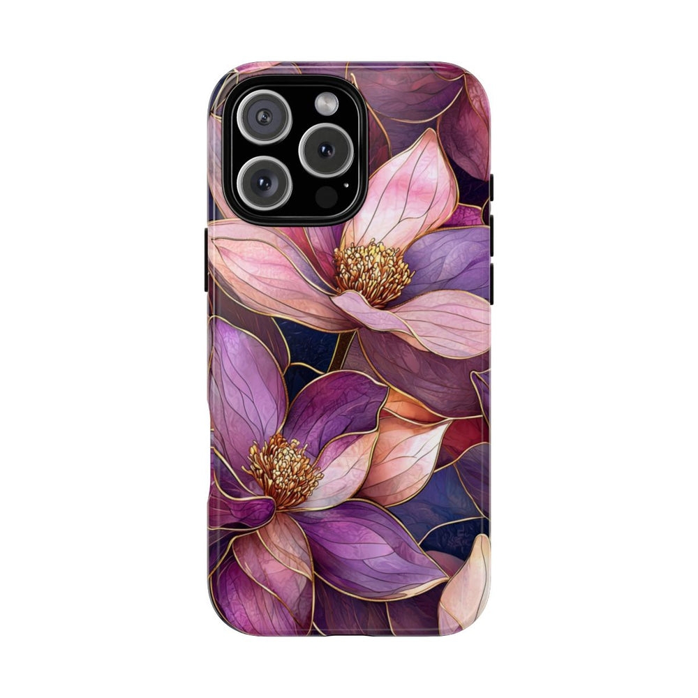 Paarse Magnolia Bloemen in Glas-in-lood