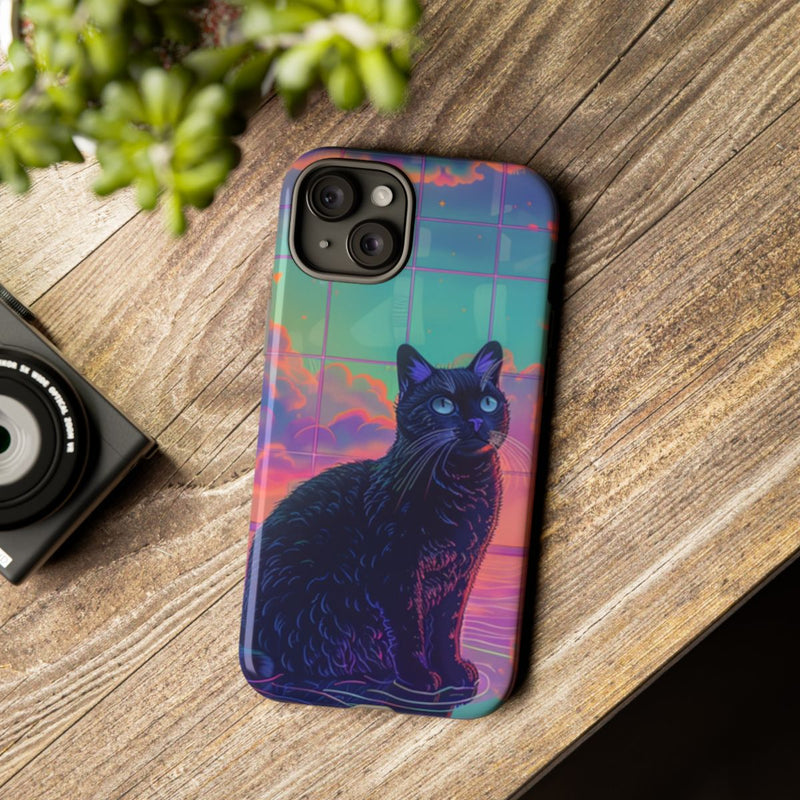 Zwarte Kat met Neonlucht Reflectie