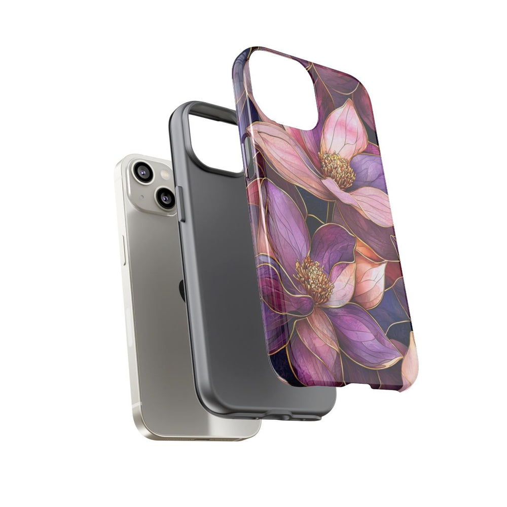 Paarse Magnolia Bloemen in Glas-in-lood