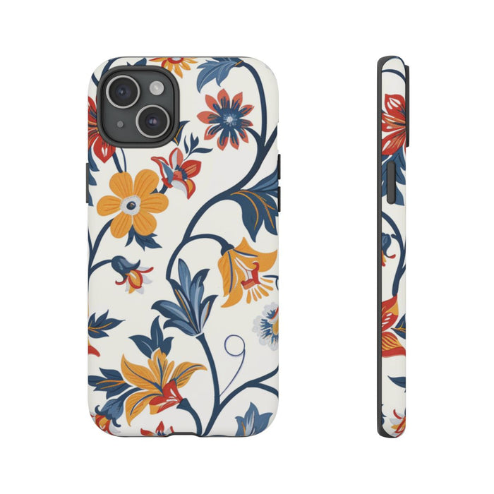 Retro Bloemenpatroon in Blauw, Rood en Geel