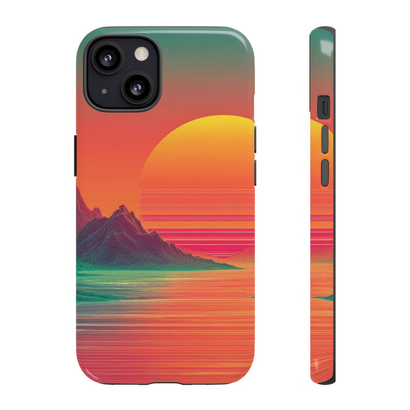 Neon Zonsondergang met Bergen en Zee