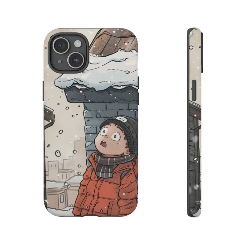 Chibi Man met Winterjas Kijkt Op naar Besneeuwd Dak