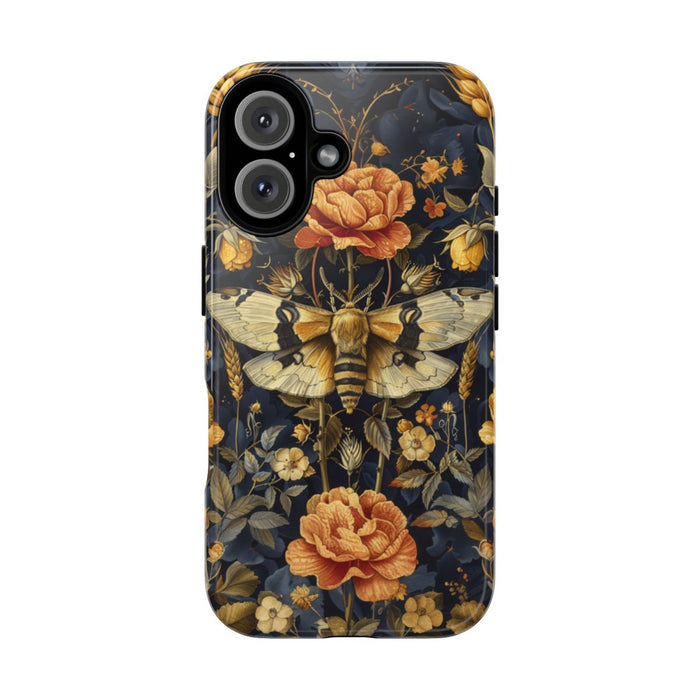 Gouden Bloemen en Mottenpatroon op Donkerblauw
