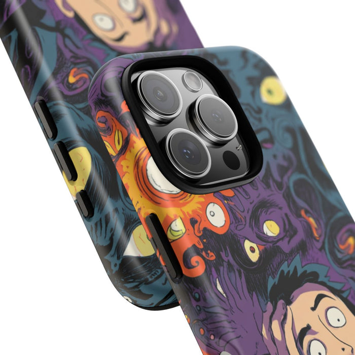 Man Omringd door Psychedelische Ogen en Abstracte Vormen
