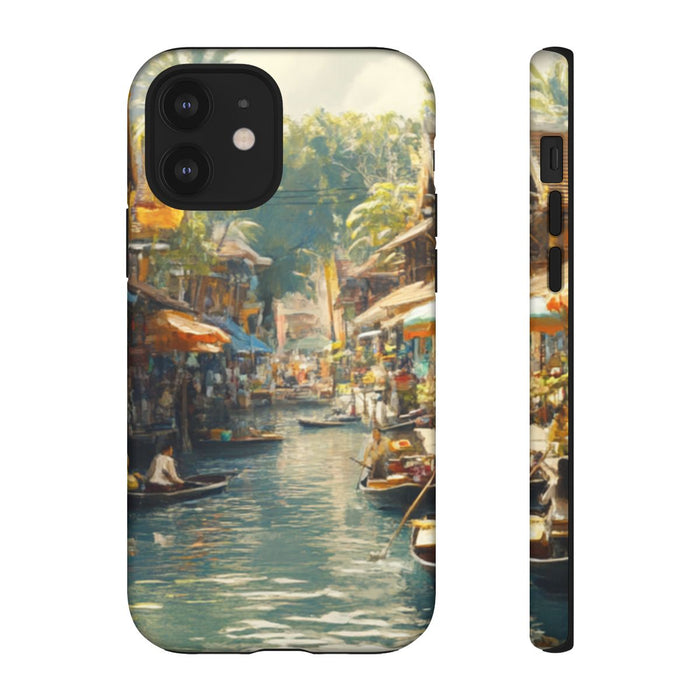 Levendige Watermarkt met Boten en Kraampjes