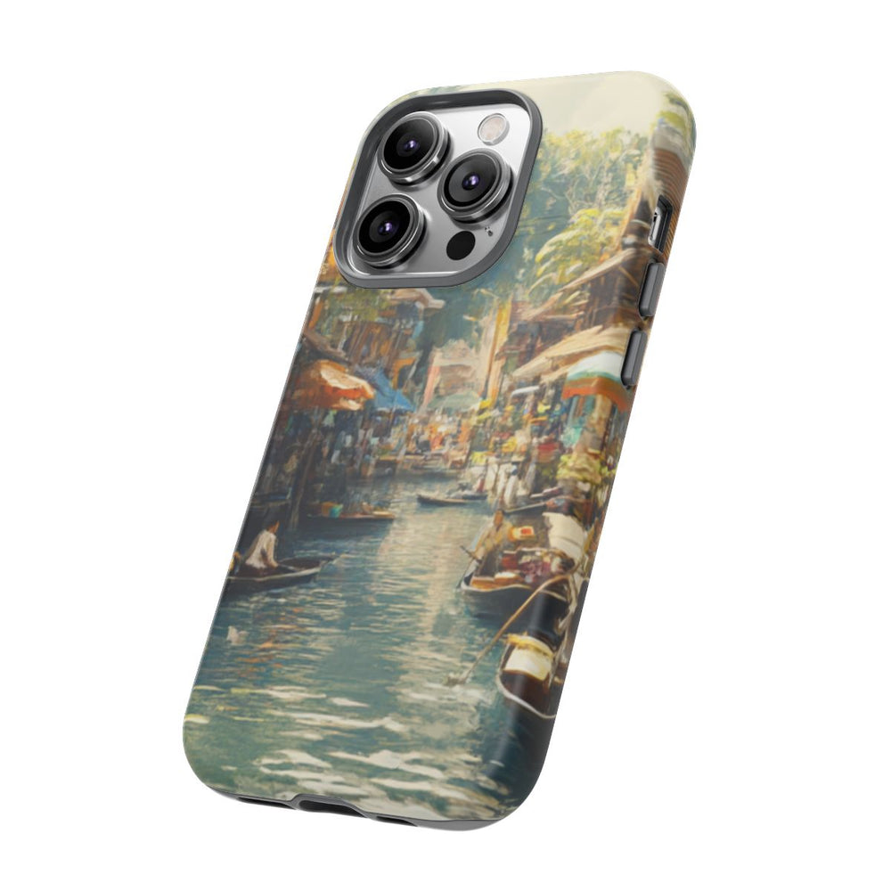 Levendige Watermarkt met Boten en Kraampjes