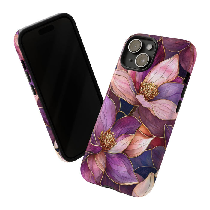 Paarse Magnolia Bloemen in Glas-in-lood