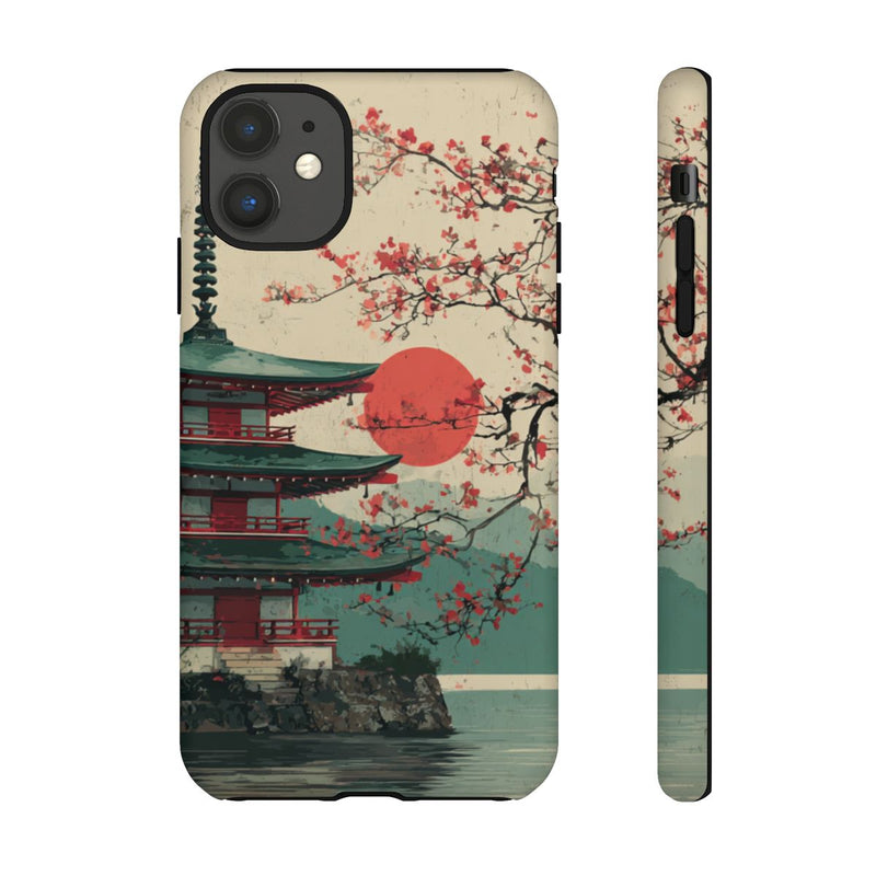 Pagode met Kersenbloesems en Rode Zon