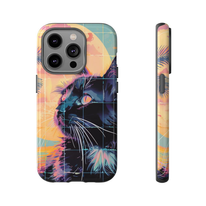 Lofi Vaporwave Kat met Zonsondergang en Palmen